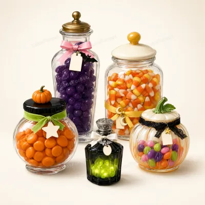 Five glass jars filled with various Halloween candies, decorated with ribbons, tags, and miniature pumpkins on a light background.