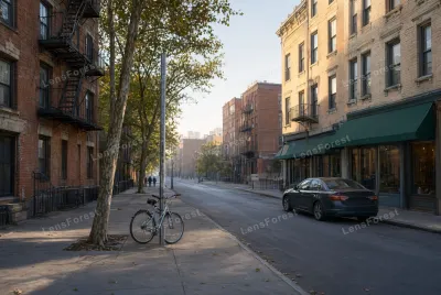 A bicycle locked to a pole on a quiet city sidewalk with brick buildings and a parked car in the background at sunrise.