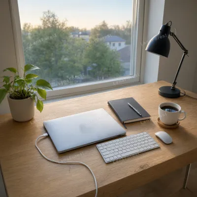 A closed laptop, notebook, coffee mug, and small plant on a wooden desk in front of a window.