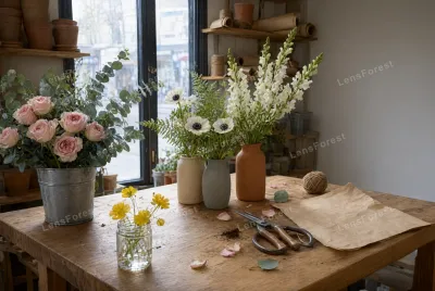 A florist workbench with vases of pink roses, white anemones, and snapdragons, plus shears and craft paper.