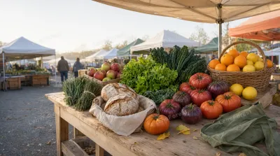 A wooden market stall table featuring heirloom tomatoes, kale, herbs, citrus fruits, and two loaves of artisan bread.