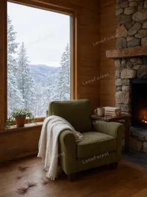 A green armchair with a throw blanket sits by a large window showing a snowy mountain landscape, with a fireplace and books nearby.