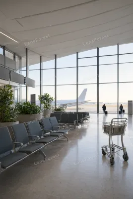Empty airport terminal gate with rows of chairs, a luggage cart, and a view of an airplane through large windows.