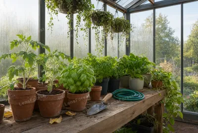 Potted tomato plants and herbs on a wooden workbench in a sunlit greenhouse with a garden trowel and hose.