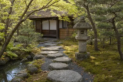 A stone lantern and stepping stone path leading to a wooden tea house in a mossy Japanese garden.