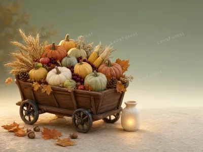 A wooden cart filled with pumpkins, corn, and grapes, with a glowing lantern on the ground nearby.