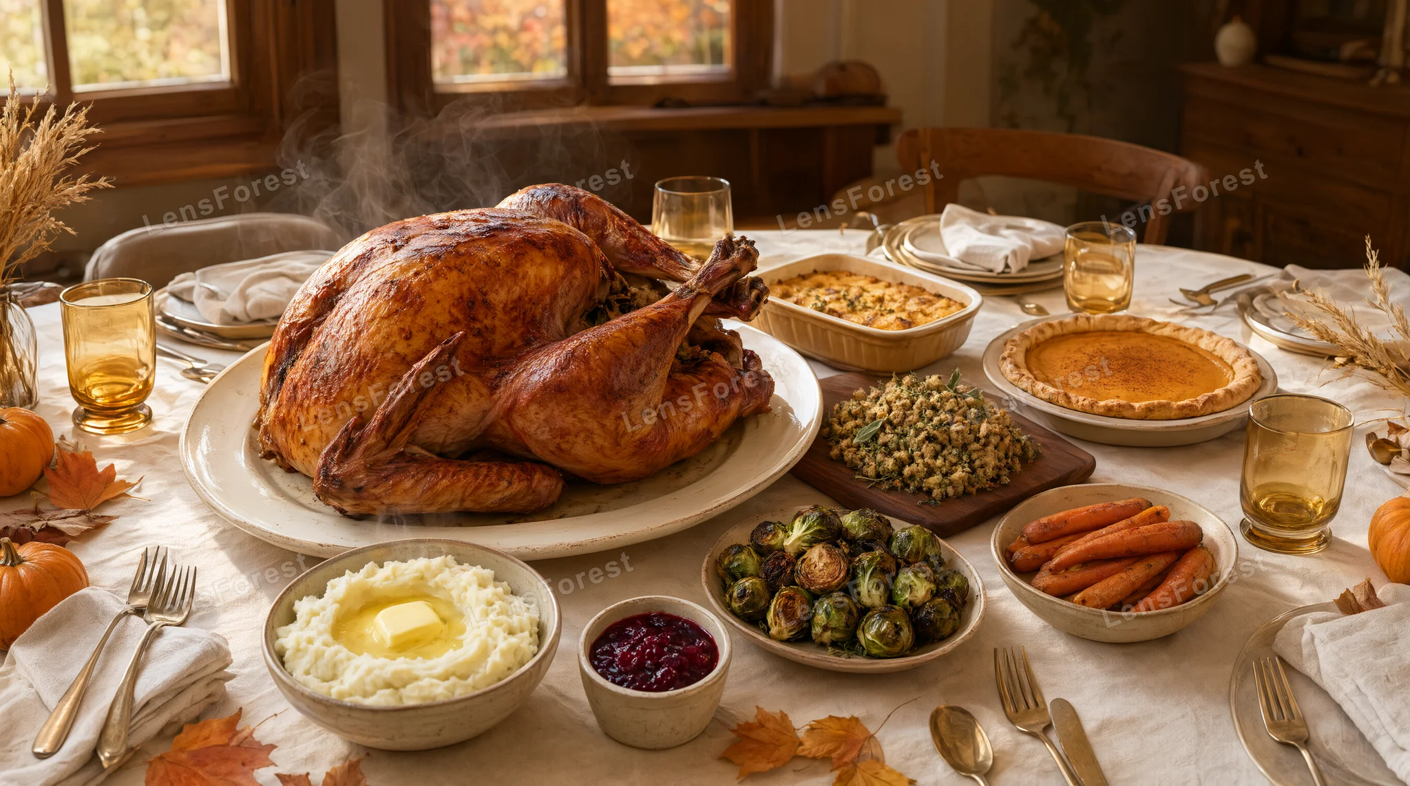 A roasted turkey centerpiece on a dining table with mashed potatoes, Brussels sprouts, cranberry sauce, and pumpkin pie.