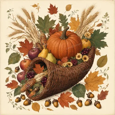 A wicker cornucopia filled with a pumpkin, apples, pears, grapes, and corn, surrounded by autumn leaves and acorns.