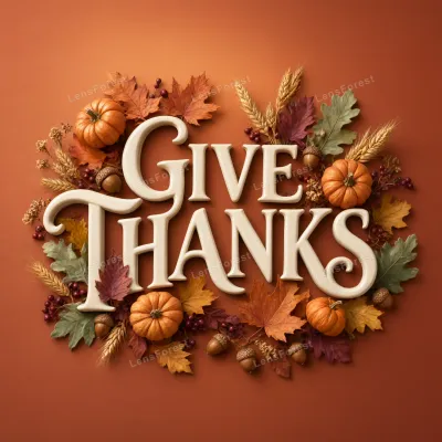 Give Thanks text surrounded by pumpkins, autumn leaves, wheat, and acorns on a terracotta background.
