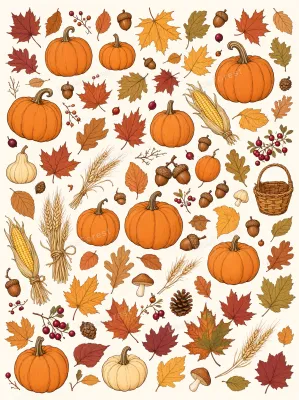 Hand-drawn illustration of pumpkins, autumn leaves, acorns, wheat, and berries arranged on a light background.