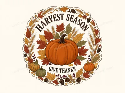 A circular illustration of a pumpkin surrounded by autumn leaves, wheat, and acorns with the text Harvest Season and Give Thanks.