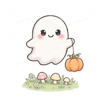 Cute kawaii smiling white ghost holding a small orange pumpkin balloon, floating above grass with tiny mushrooms, Halloween illustration on white background