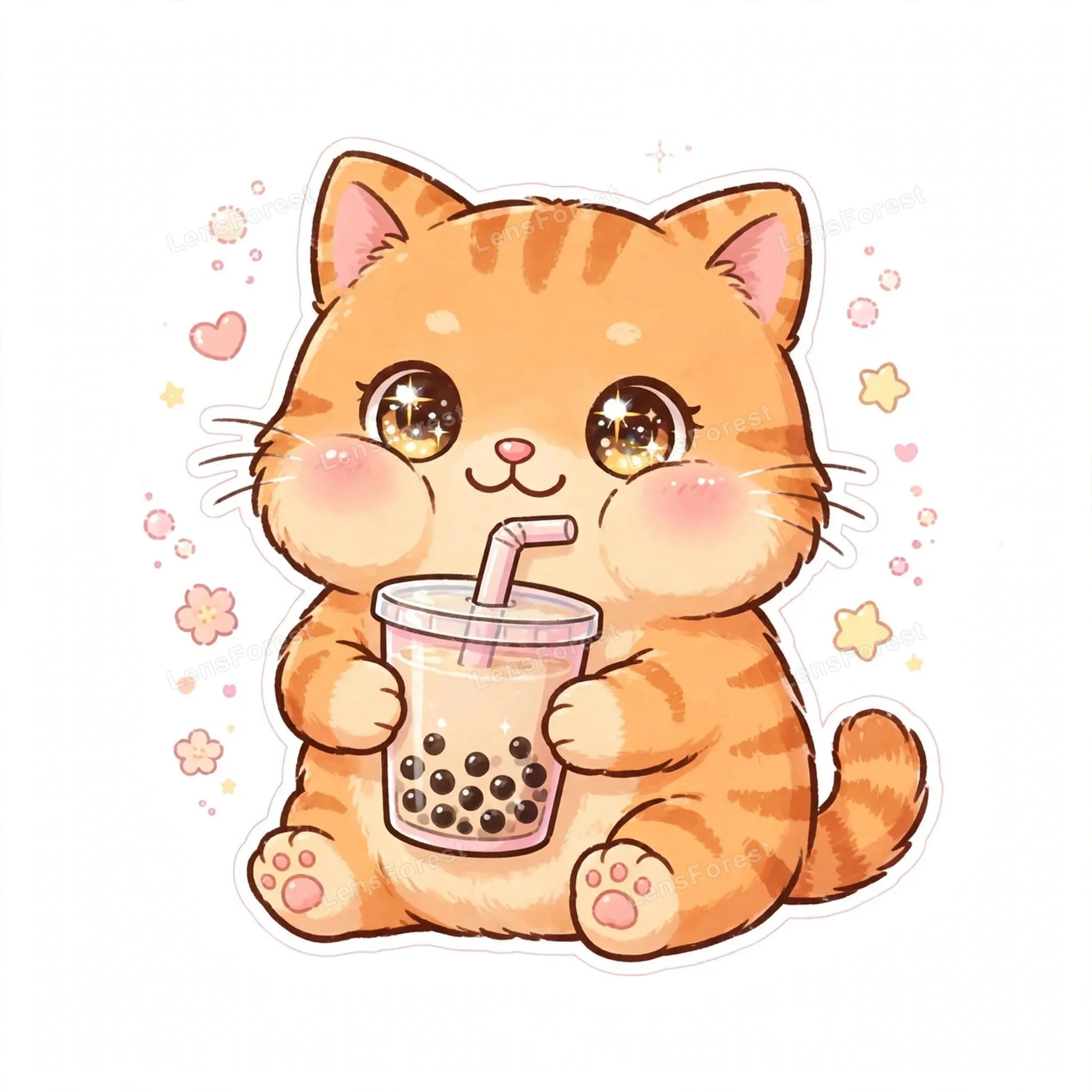 Cute kawaii illustration of a happy orange tabby cat sipping bubble tea through a straw on a clean white background