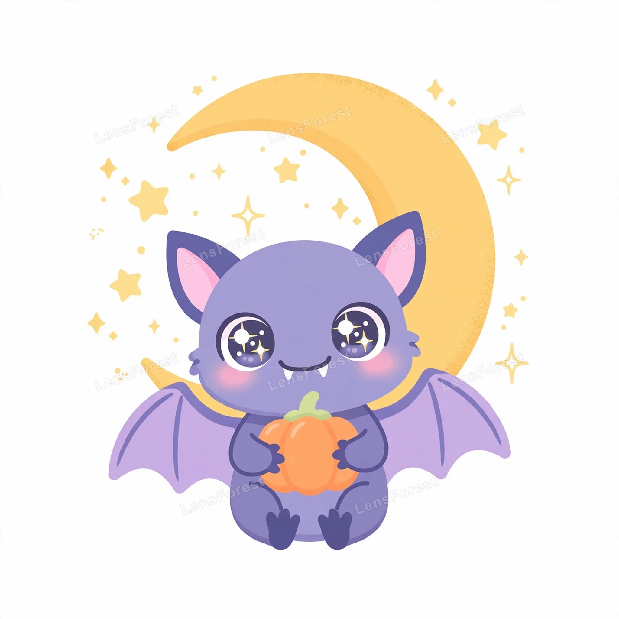 Cute cartoon vampire bat with big sparkling eyes holding a small orange pumpkin in front of a golden crescent moon and stars on a white background