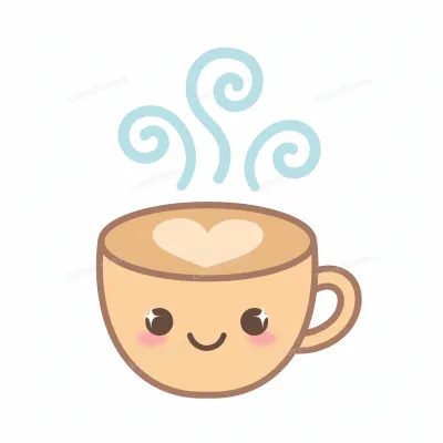 Cute kawaii illustration of a smiling coffee cup with heart-shaped latte art and steam swirls on a clean white background