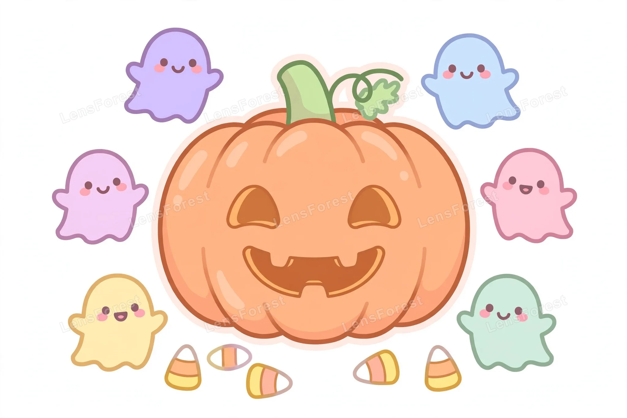 Cute kawaii Halloween jack-o-lantern pumpkin with smiling pastel ghosts and candy corn on white background