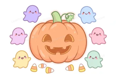 Cute kawaii Halloween jack-o-lantern pumpkin with smiling pastel ghosts and candy corn on white background