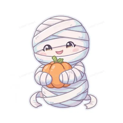 Adorable kawaii mummy wrapped in bandages hugging a small orange pumpkin on a white background, cute Halloween cartoon illustration