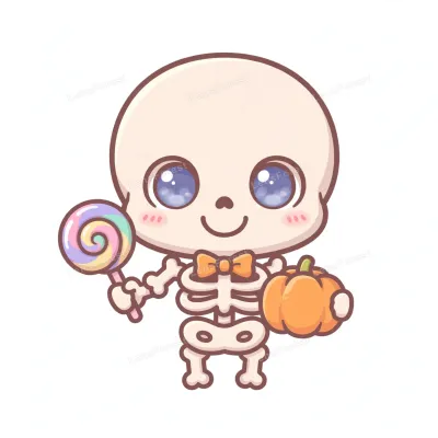 Cute kawaii cartoon illustration of a friendly smiling skeleton wearing an orange bow tie, holding a colorful swirl lollipop and a small orange pumpkin on a white background