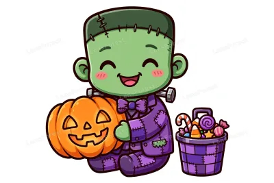 Cute smiling Frankenstein monster hugging a glowing jack-o-lantern next to a bucket of Halloween candy on a white background