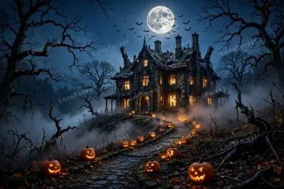 Spooky haunted mansion house on a hill at night with glowing amber windows, a full moon, bats, and carved jack-o'-lanterns lining the stone path