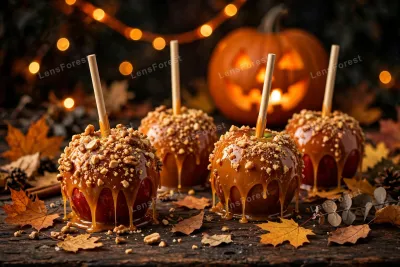 Close-up of glossy caramel apples dripping with golden caramel and topped with crushed nuts on a rustic wooden table with autumn leaves and a glowing jack-o-lantern in the background, perfect for Halloween