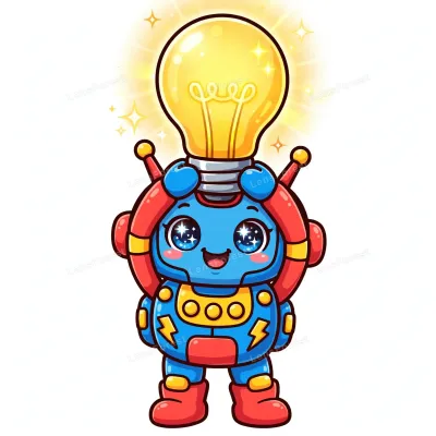 Cute smiling kawaii cartoon robot holding a glowing lightbulb, bold colorful technology illustration