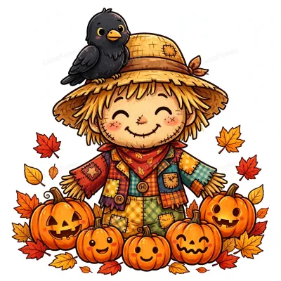 Cute kawaii cartoon illustration of a smiling scarecrow boy wearing a straw hat with a friendly crow on top, surrounded by smiling jack-o'-lanterns and bright autumn leaves on a white background