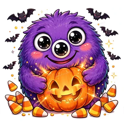 Cute purple three-eyed Halloween monster hugging a glowing carved pumpkin with candy corn and bats on a white background