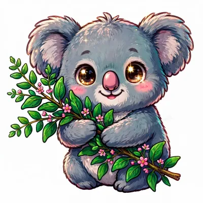 Cute smiling koala hugging a eucalyptus branch with tiny pink flowers, kawaii cartoon illustration on white background