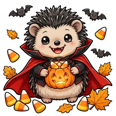 Cute kawaii cartoon hedgehog wearing a tiny vampire costume holding a glowing pumpkin candy bucket with candy corn, autumn leaves and bats on white background — free Halloween illustration download