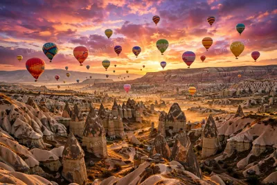 Colorful hot air balloons floating over Cappadocia fairy chimney rock formations at a vibrant sunrise with glowing orange and pink sky