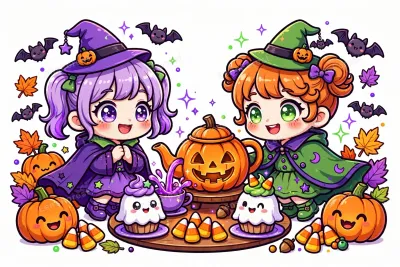 Two cute cartoon witch girls in purple and green witch hats having a Halloween tea party with a glowing jack-o-lantern teapot pouring purple tea, ghost cupcakes, candy corn, smiling pumpkins and friendly bats on a white background