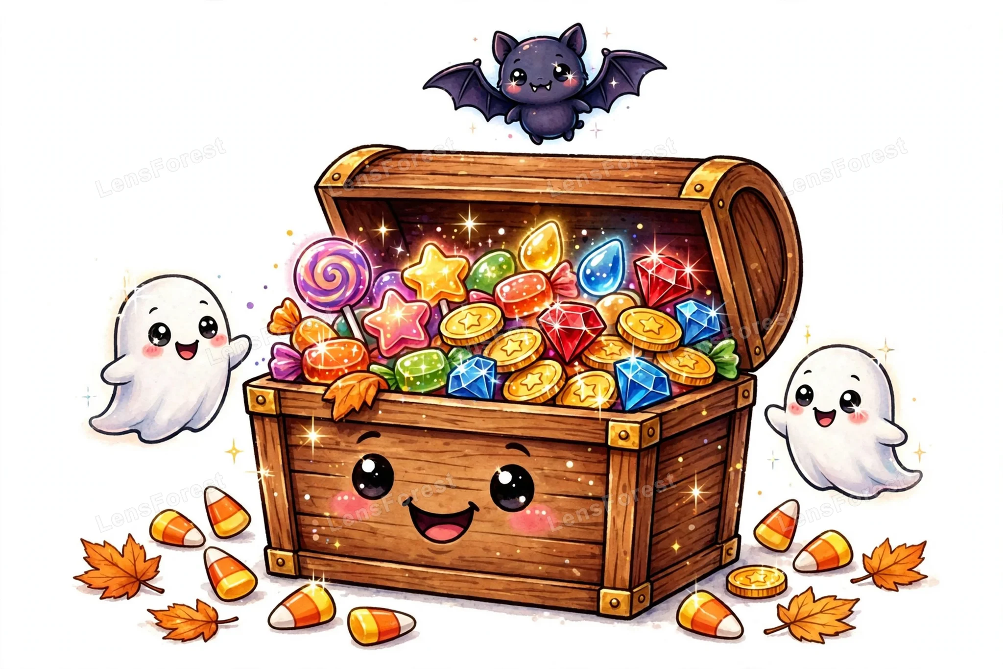 Cute cartoon treasure chest overflowing with colorful candy, gold coins and sparkling jewels, with ghost friends, candy corn and autumn leaves