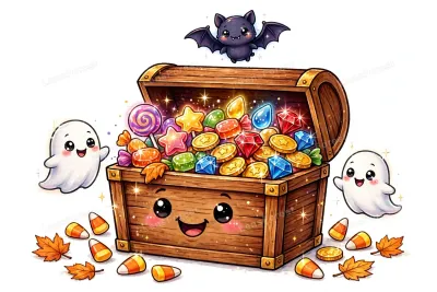 Cute cartoon treasure chest overflowing with colorful candy, gold coins and sparkling jewels, with ghost friends, candy corn and autumn leaves