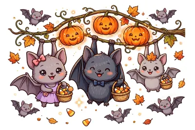Cute smiling kawaii bat family hanging upside down from a glowing pumpkin branch, holding candy buckets with candy corn and autumn leaves, festive Halloween cartoon illustration on white background