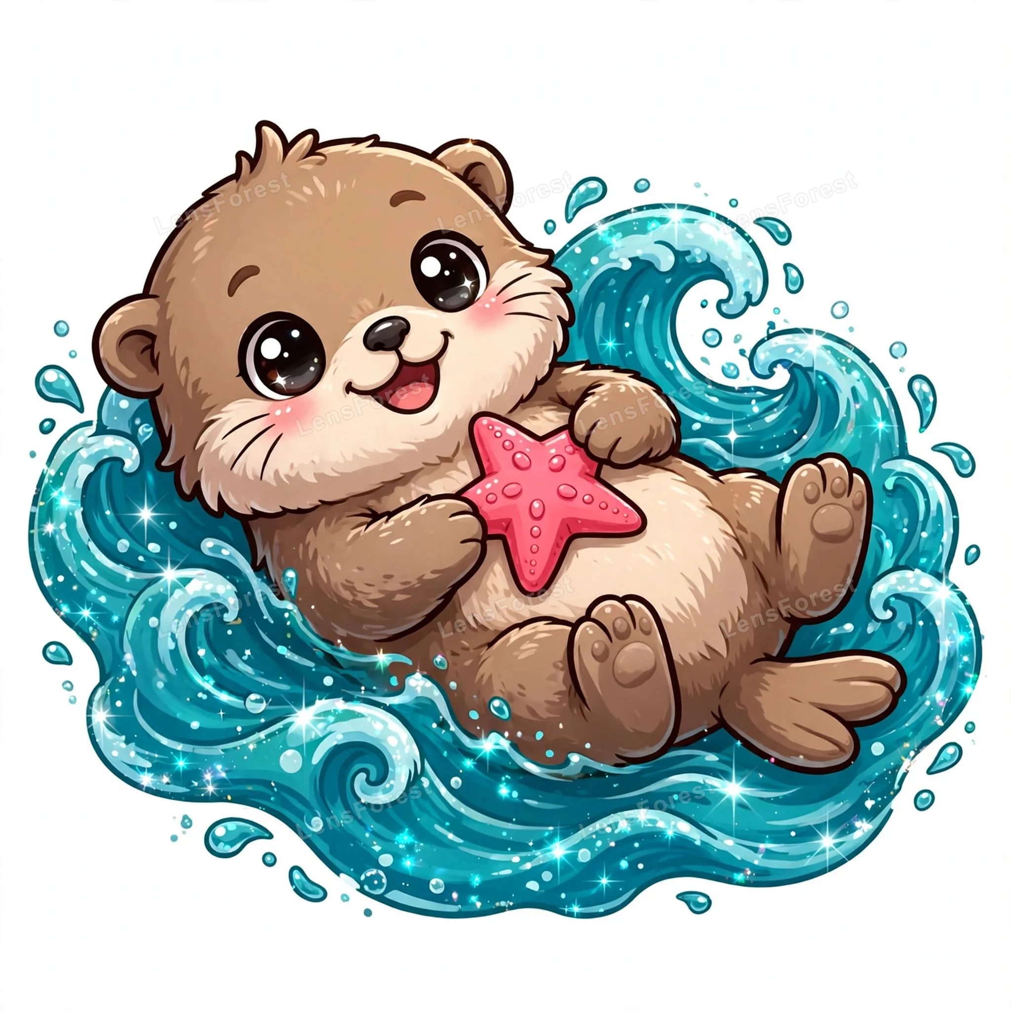 Cute smiling baby sea otter floating on its back on sparkling teal ocean waves, holding a bright pink starfish — kawaii cartoon illustration on white background