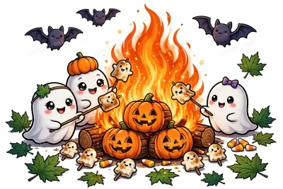 Kawaii Halloween illustration of cute smiling ghost kids roasting marshmallow ghosts over a glowing haunted campfire with jack-o-lantern logs, candy corn, bats and autumn maple leaves
