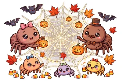 Cute cartoon spider family decorating a glowing cobweb with jack-o-lanterns, bats, candy corn and autumn leaves