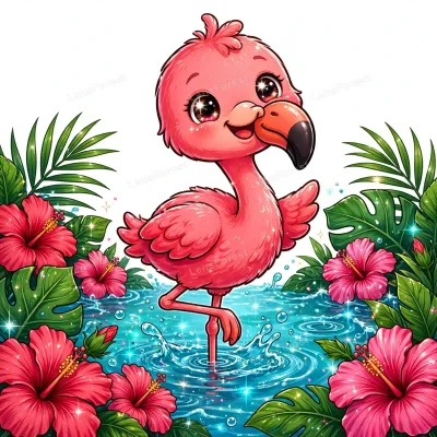 Cute kawaii cartoon illustration of a smiling baby flamingo standing on one leg in sparkling turquoise water with tropical hibiscus flowers
