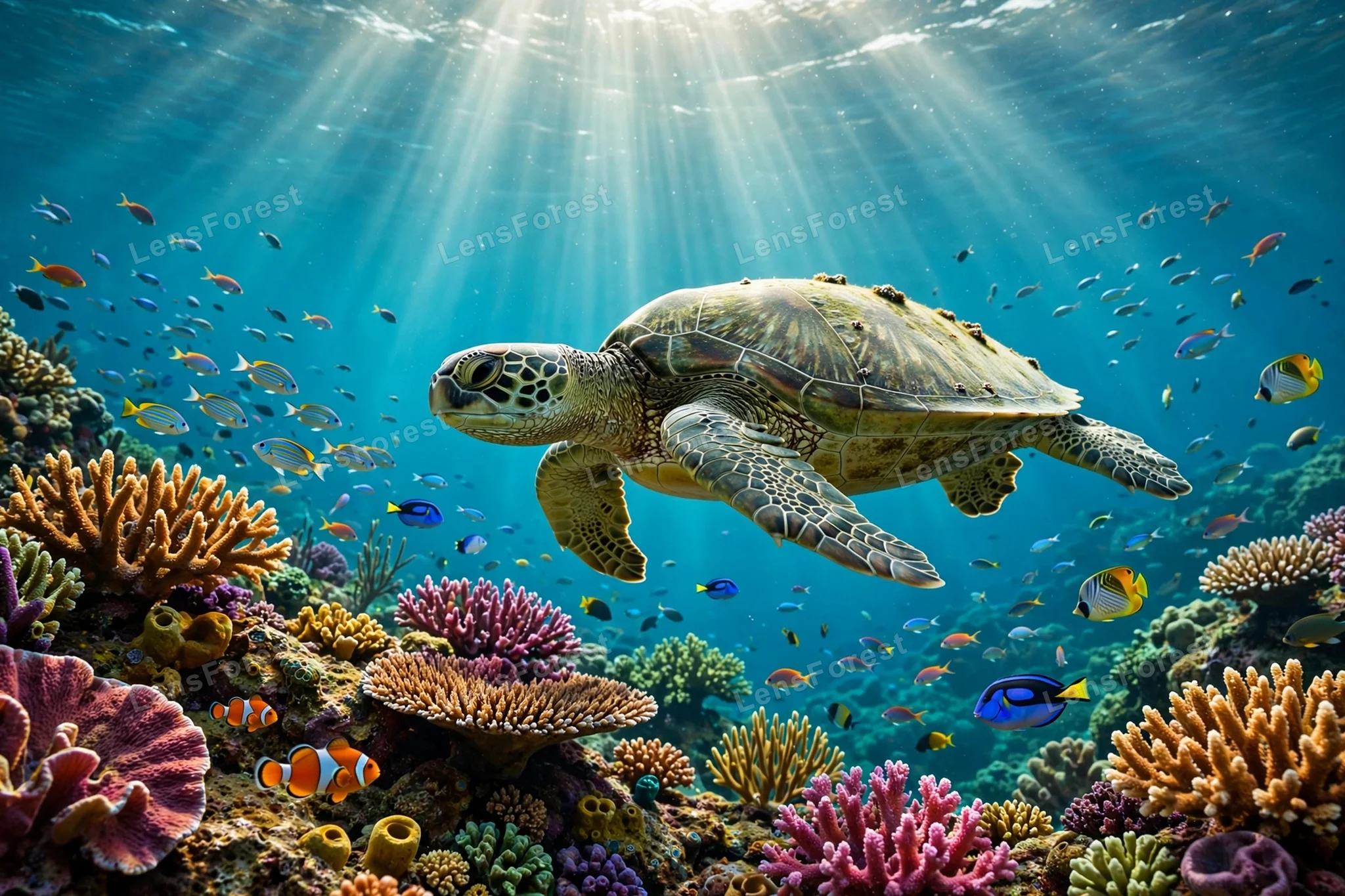 Green sea turtle gliding over vibrant coral reef with colorful tropical fish and glowing sun rays through turquoise water