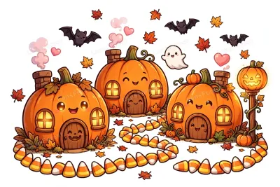 Cute kawaii cartoon illustration of a cozy pumpkin cottage village — three smiling orange pumpkin houses with glowing windows, a tiny ghost, friendly bats, a candy corn path and autumn maple leaves on a white background