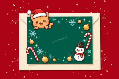 Cute kawaii Christmas greeting card design with a smiling orange kitten in a Santa hat, happy snowman, candy canes and gold ornaments on a green card with envelope