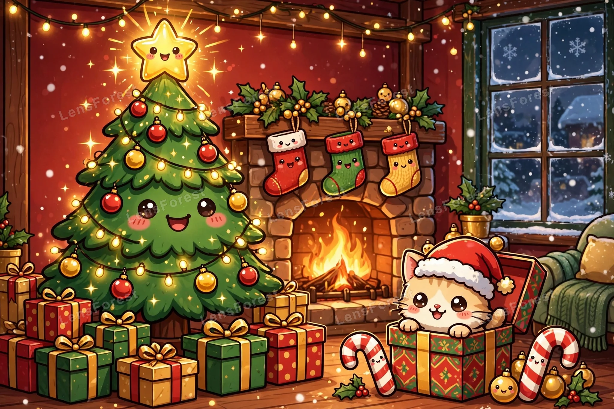 Cute kawaii cartoon Christmas living room with smiling decorated tree, glowing fireplace, stockings and kitten in Santa hat