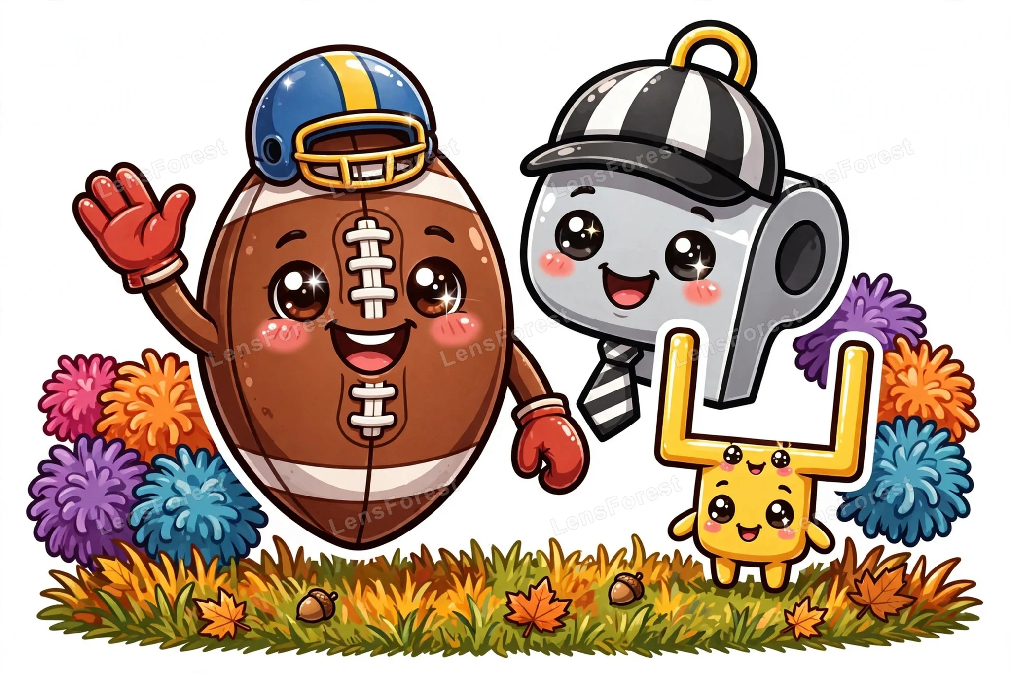 Cute kawaii cartoon illustration of smiling American football characters with helmet, referee whistle, goalpost and pom-poms