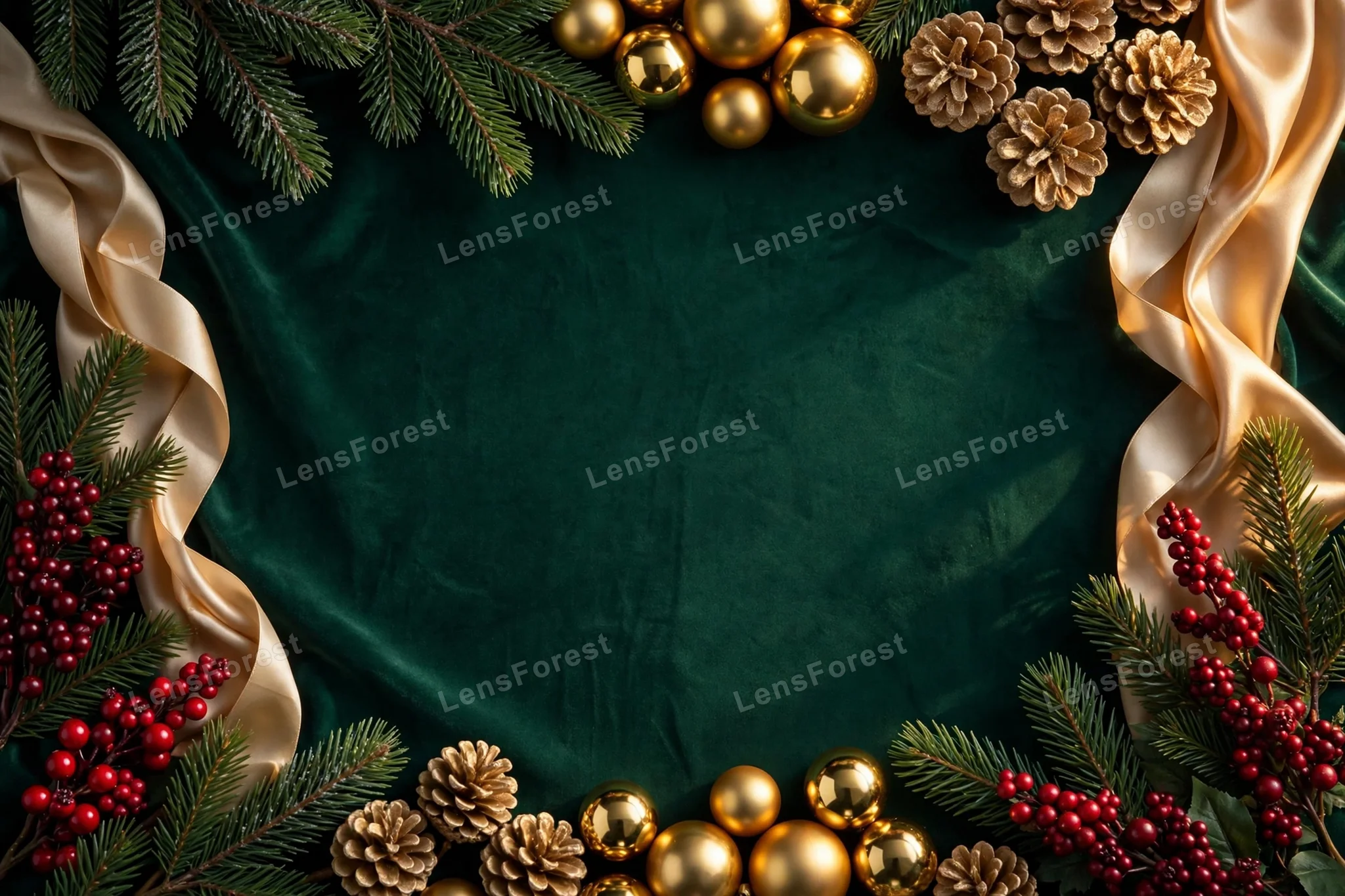 Luxury Christmas elements flat lay — shiny gold bauble ornaments, golden pinecones, fresh pine branches, deep red winter berries and flowing champagne satin ribbon arranged around the edges of a deep emerald velvet background, with a large empty copy spac