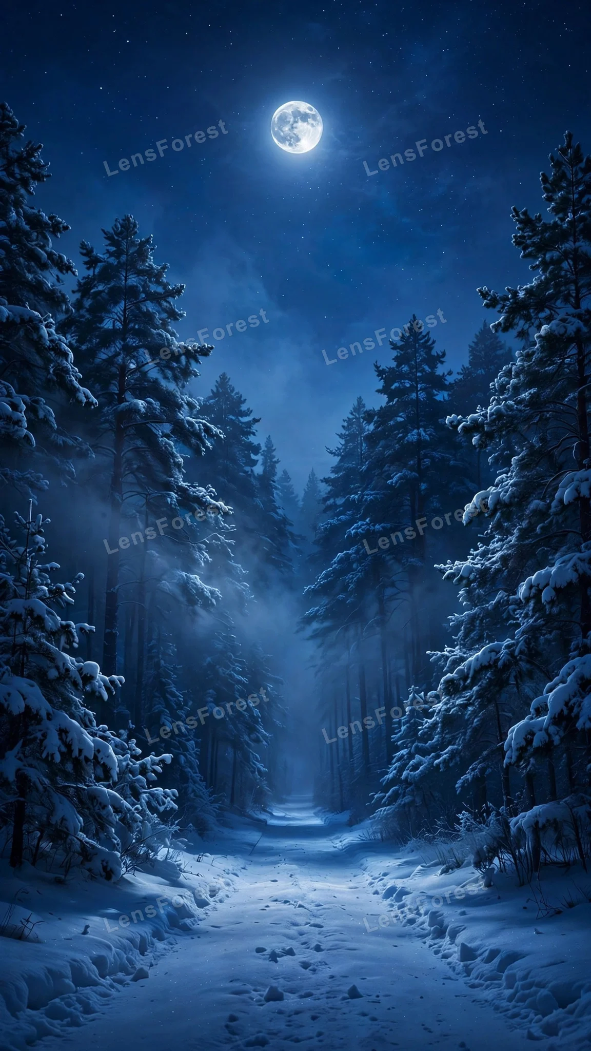 Moonlit snow path through deep-blue winter pine forest under a glowing full moon with stars