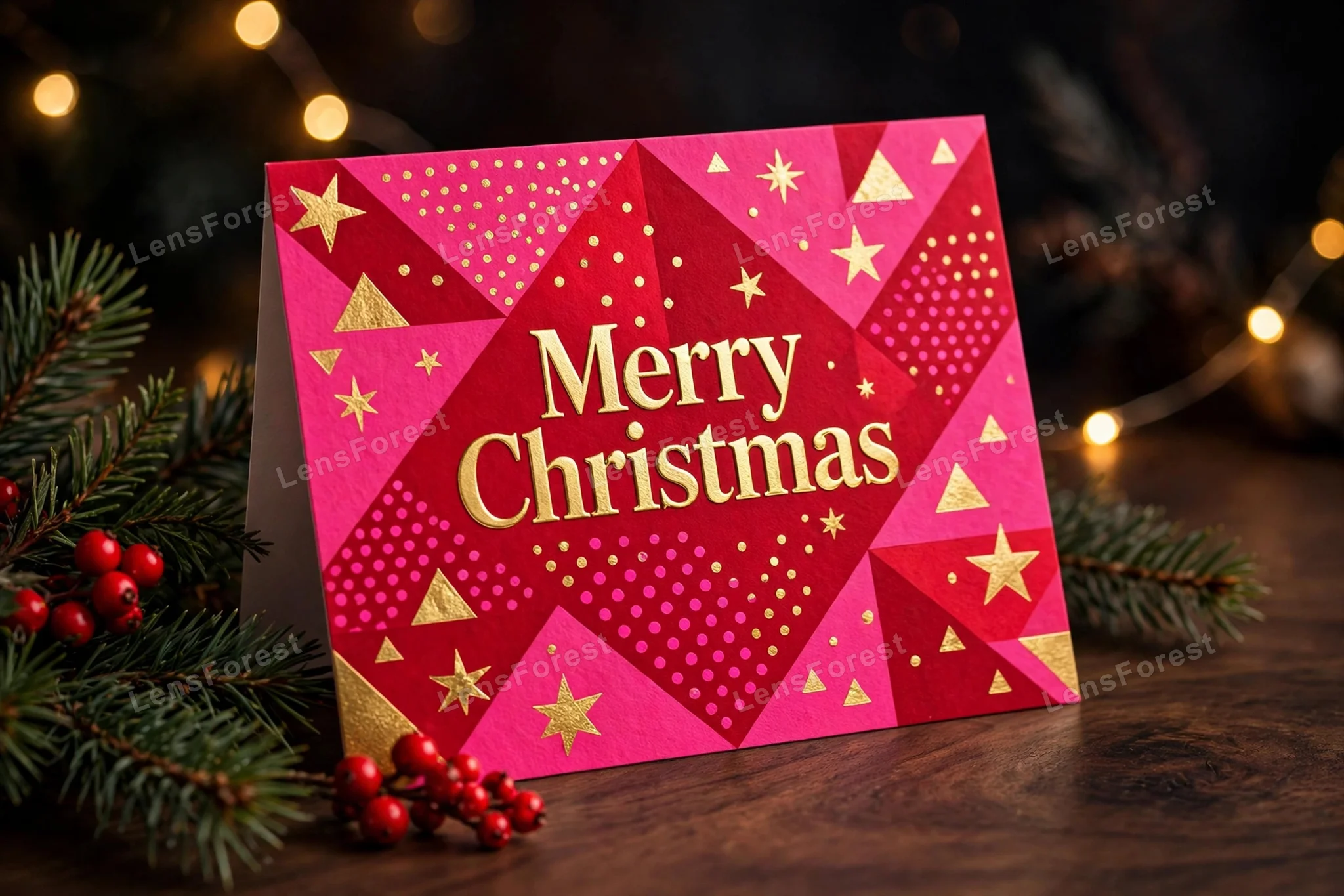 Bold hot pink and crimson red geometric pattern Christmas greeting card with gold Merry Christmas lettering, pine sprigs and red berries