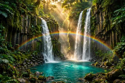Twin waterfalls cascading down mossy basalt columns into a glowing turquoise lagoon, golden-hour sun rays through mist and a rainbow in the spray, lush green jungle