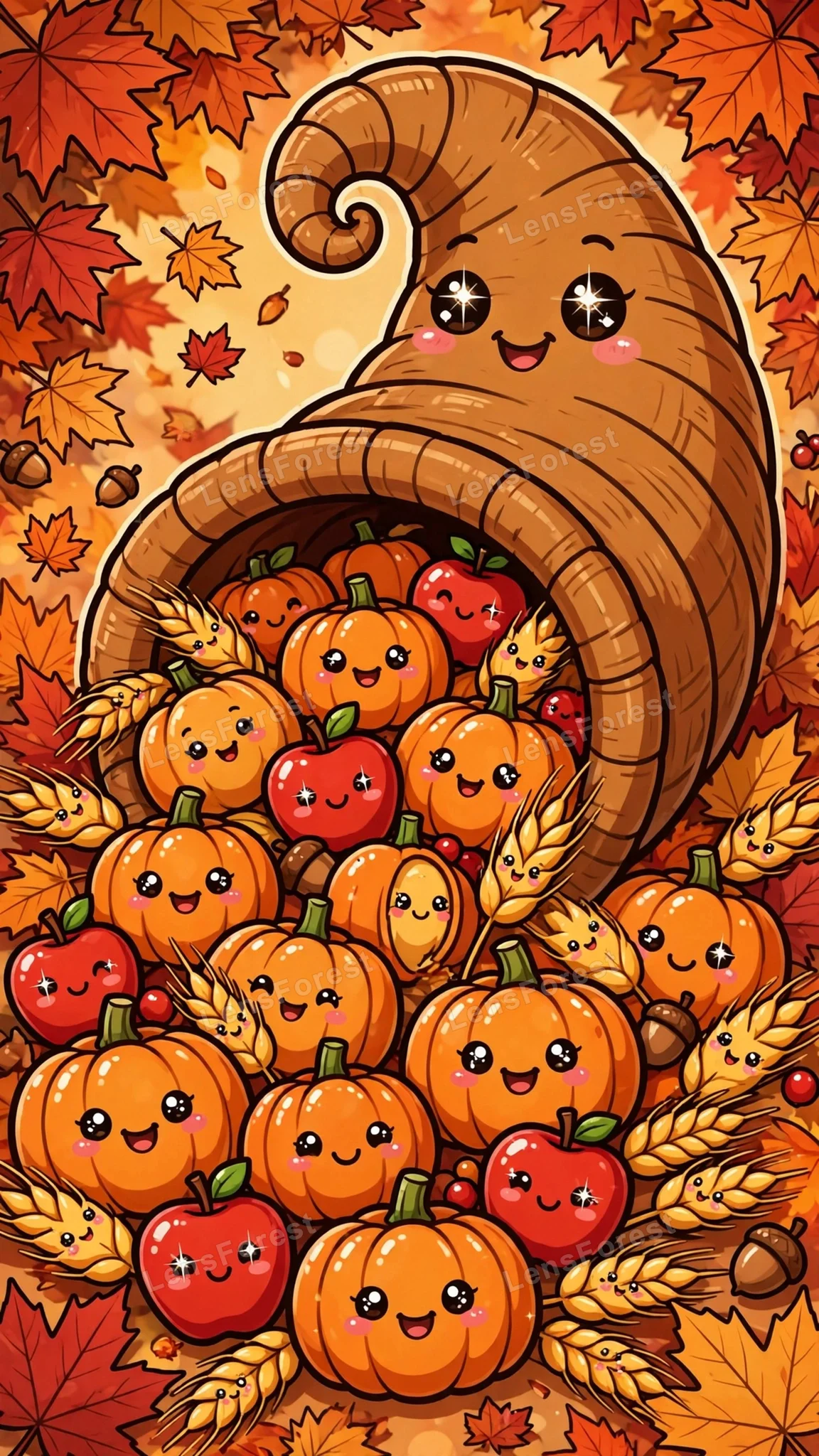 Cute kawaii cartoon illustration of a smiling cornucopia overflowing with happy pumpkins, red apples and golden wheat, surrounded by autumn maple leaves